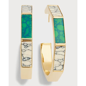 NWT Isabel Marant Gold-Tone Brass Green and White Inlay Boucle Hoop Earrings